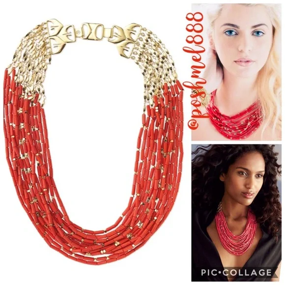 Stella & Dot | Retired Coral Red Hand-beaded Campari Statement Necklace - Picture 1 of 9